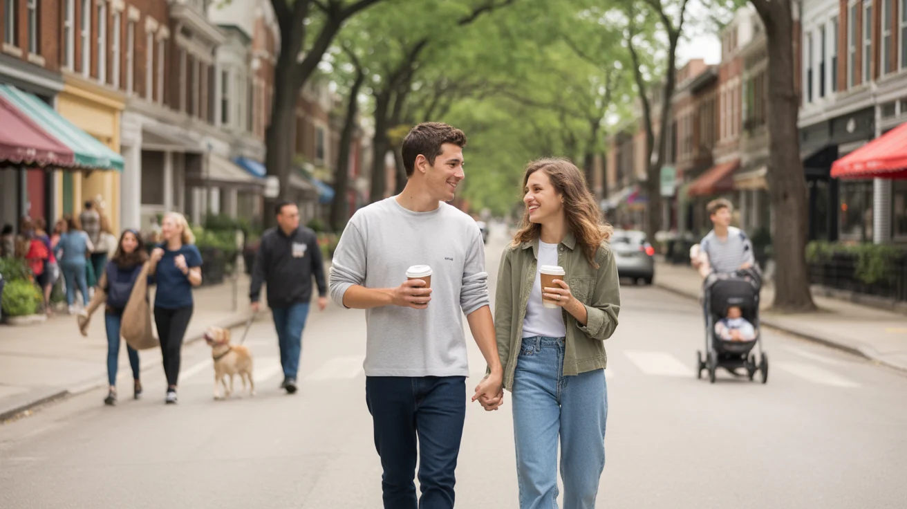 Couple walking on sunny street in Chicago, holding coffee