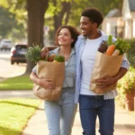 Couple carrying groceries home in bags down a sidewalk in Charlotte, NC