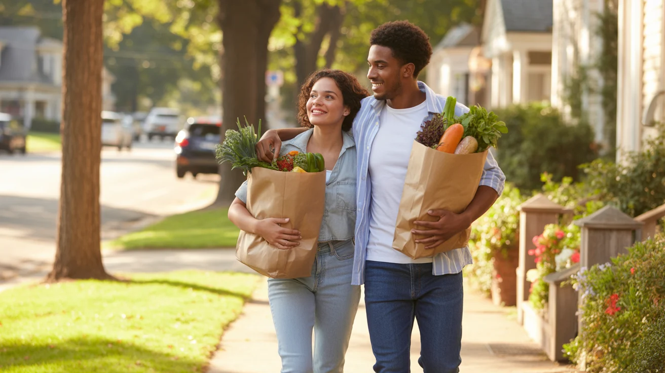 Couple carrying groceries home in bags down a sidewalk in Charlotte, NC