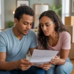 Couple budgeting in their new Rock Hill home's living room