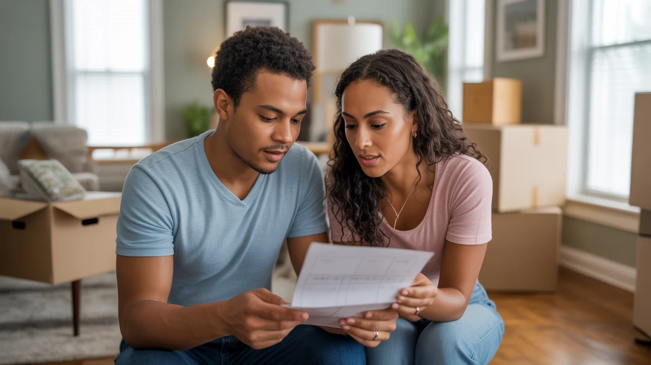 Couple budgeting in their new Rock Hill home's living room