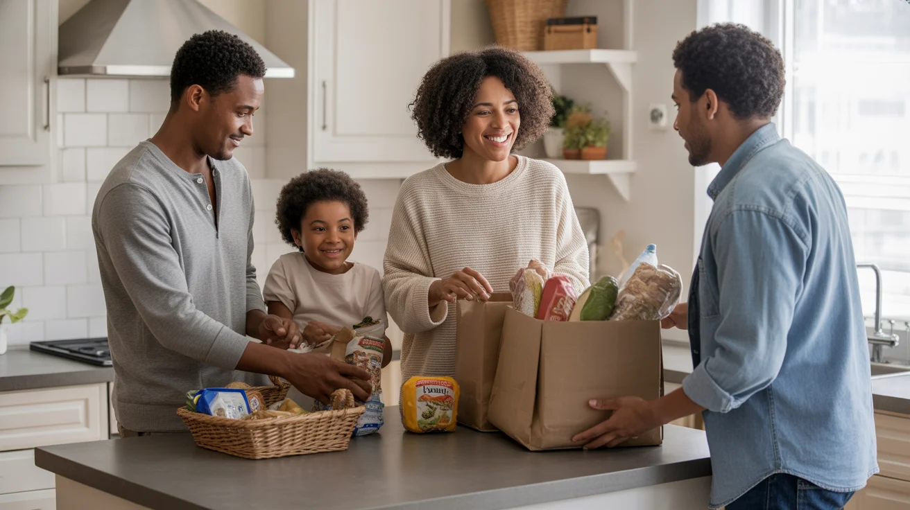 Family unpacks groceries in their Gastonia apartment kitchen