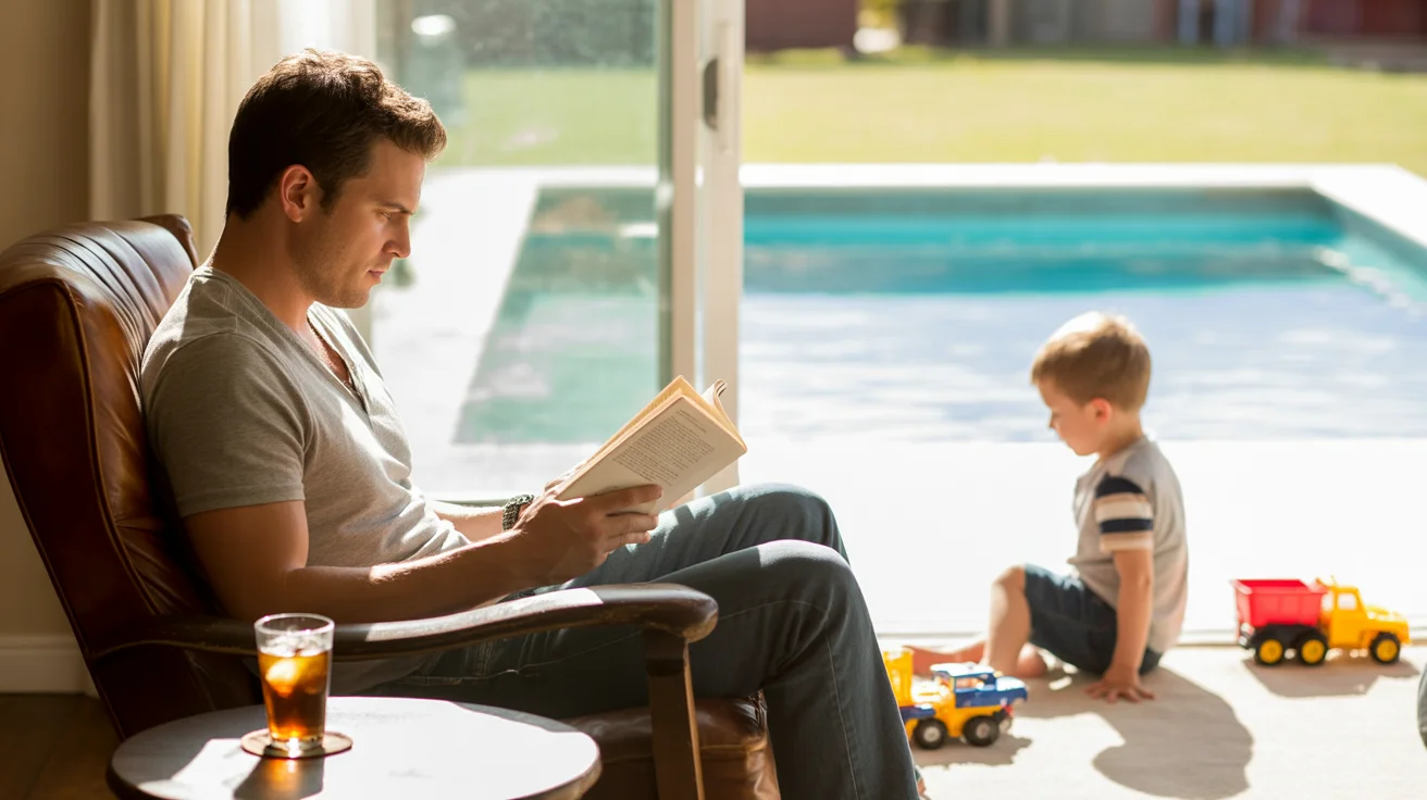 Father reads book in armchair by patio door to catch breeze and save on AC costs in Frisco, TX home