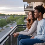 Couple relaxing on balcony of Bolingbrook apartment at sunset