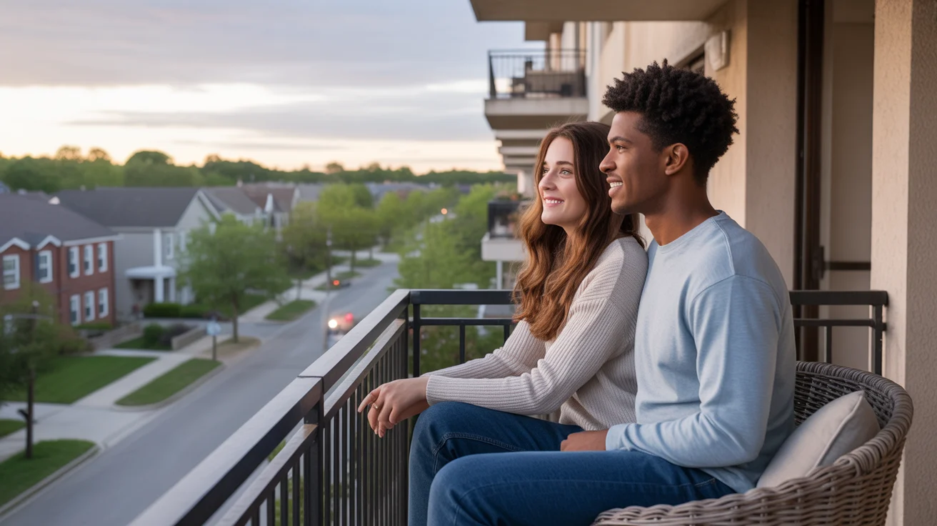 Couple relaxing on balcony of Bolingbrook apartment at sunset
