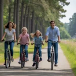 Family riding bikes together on sunny greenway trail in Cary, NC