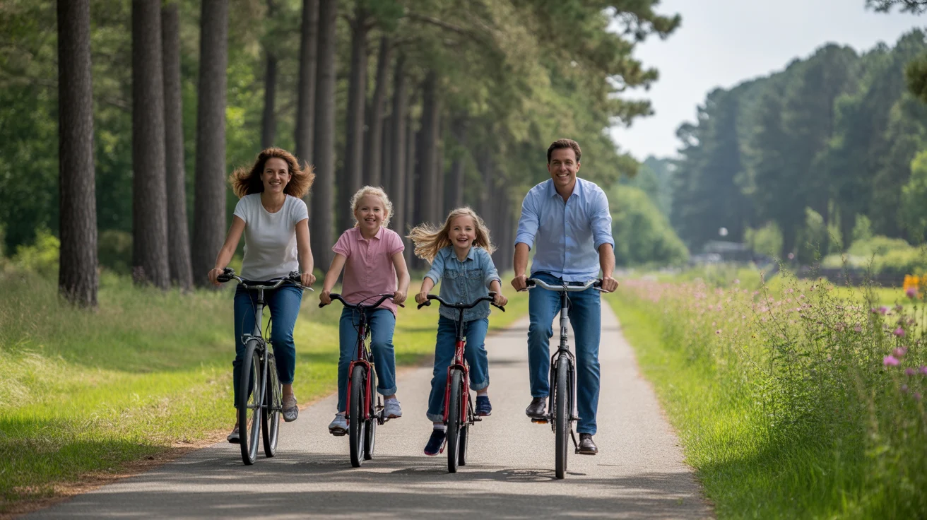 Family riding bikes together on sunny greenway trail in Cary, NC